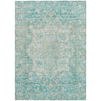 10' X 14' Teal Blue And Ivory Floral Medallion Washable Indoor Outdoor Area Rug HomeRoots