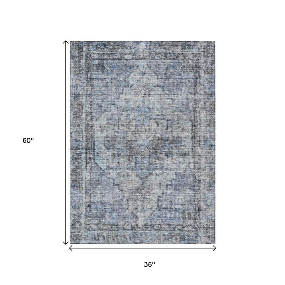 3' X 5' Blue Gray And Ivory Oriental Washable Indoor Outdoor Area Rug — view 6