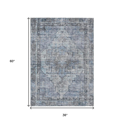3' X 5' Blue Gray And Ivory Oriental Washable Indoor Outdoor Area Rug