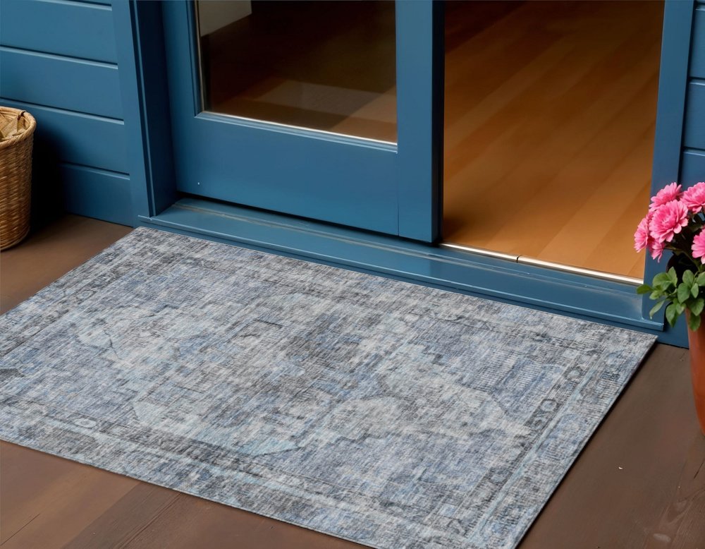 3' X 5' Blue Gray And Ivory Oriental Washable Indoor Outdoor Area Rug — view 7