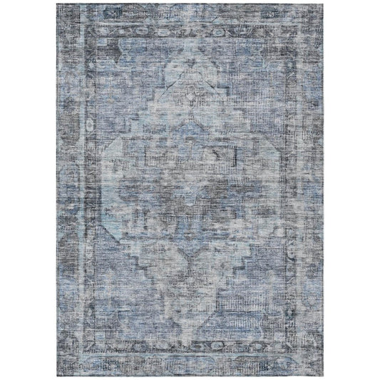 3' X 5' Blue Gray And Ivory Oriental Washable Indoor Outdoor Area Rug