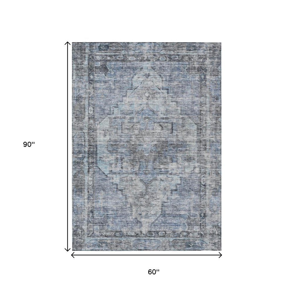 5' X 8' Blue Gray And Ivory Oriental Washable Indoor Outdoor Area Rug — view 6