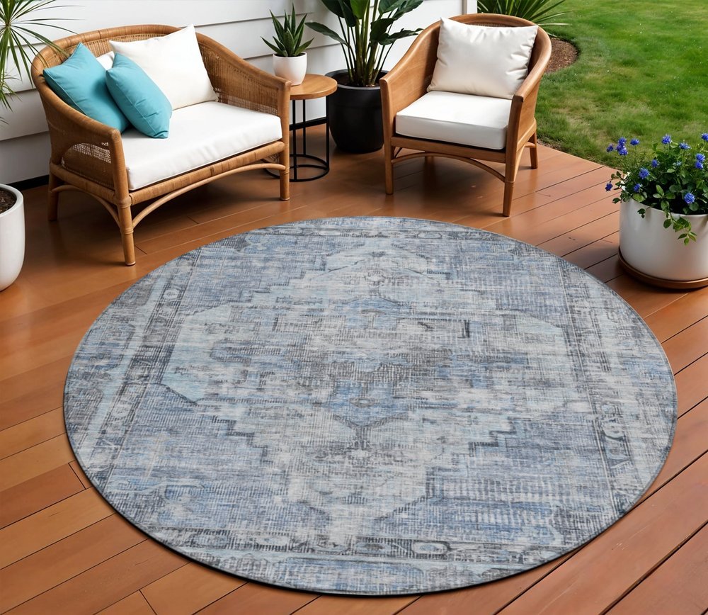 8' Blue Gray And Ivory Round Oriental Washable Indoor Outdoor Area Rug HomeRoots
