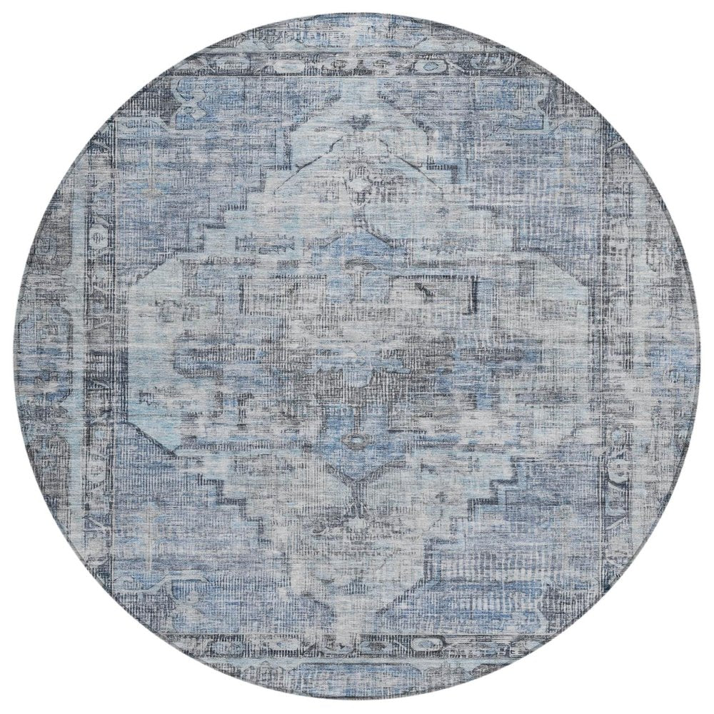 8' Blue Gray And Ivory Round Oriental Washable Indoor Outdoor Area Rug — view 1