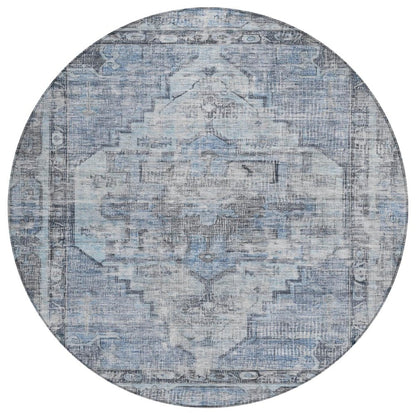8' Blue Gray And Ivory Round Oriental Washable Indoor Outdoor Area Rug HomeRoots