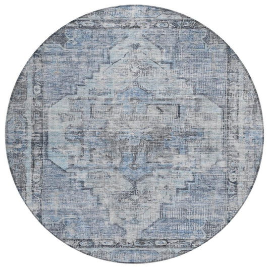 8' Blue Gray And Ivory Round Oriental Washable Indoor Outdoor Area Rug