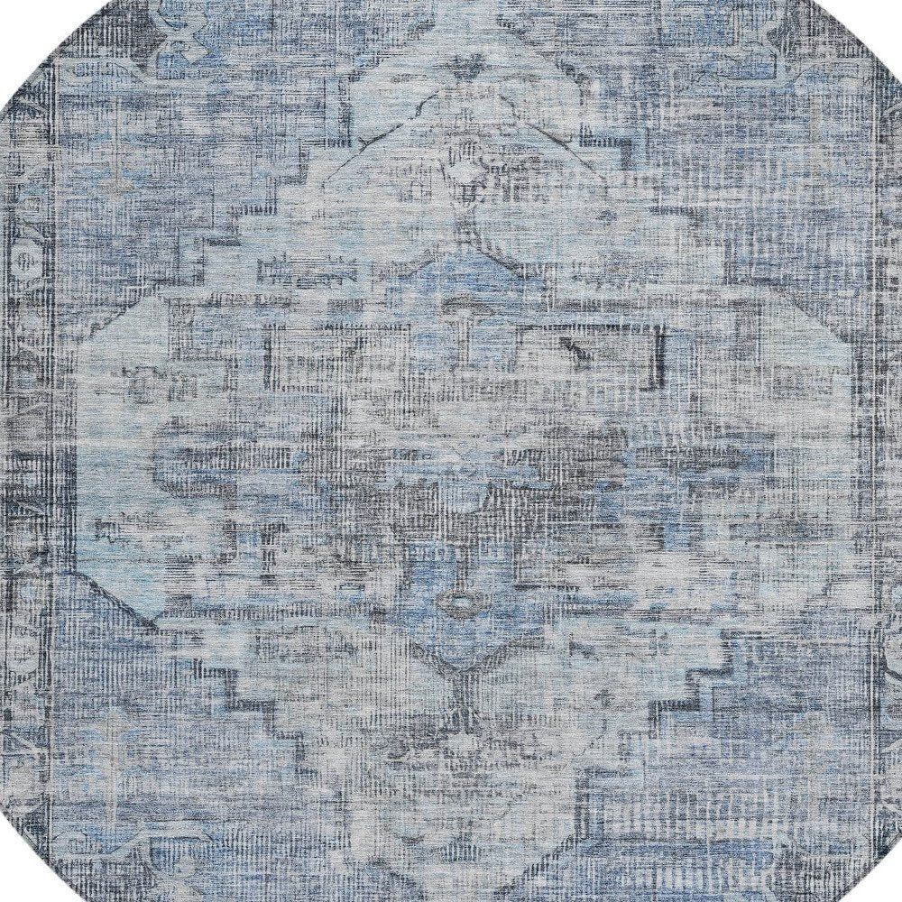 8' Blue Gray And Ivory Round Oriental Washable Indoor Outdoor Area Rug HomeRoots