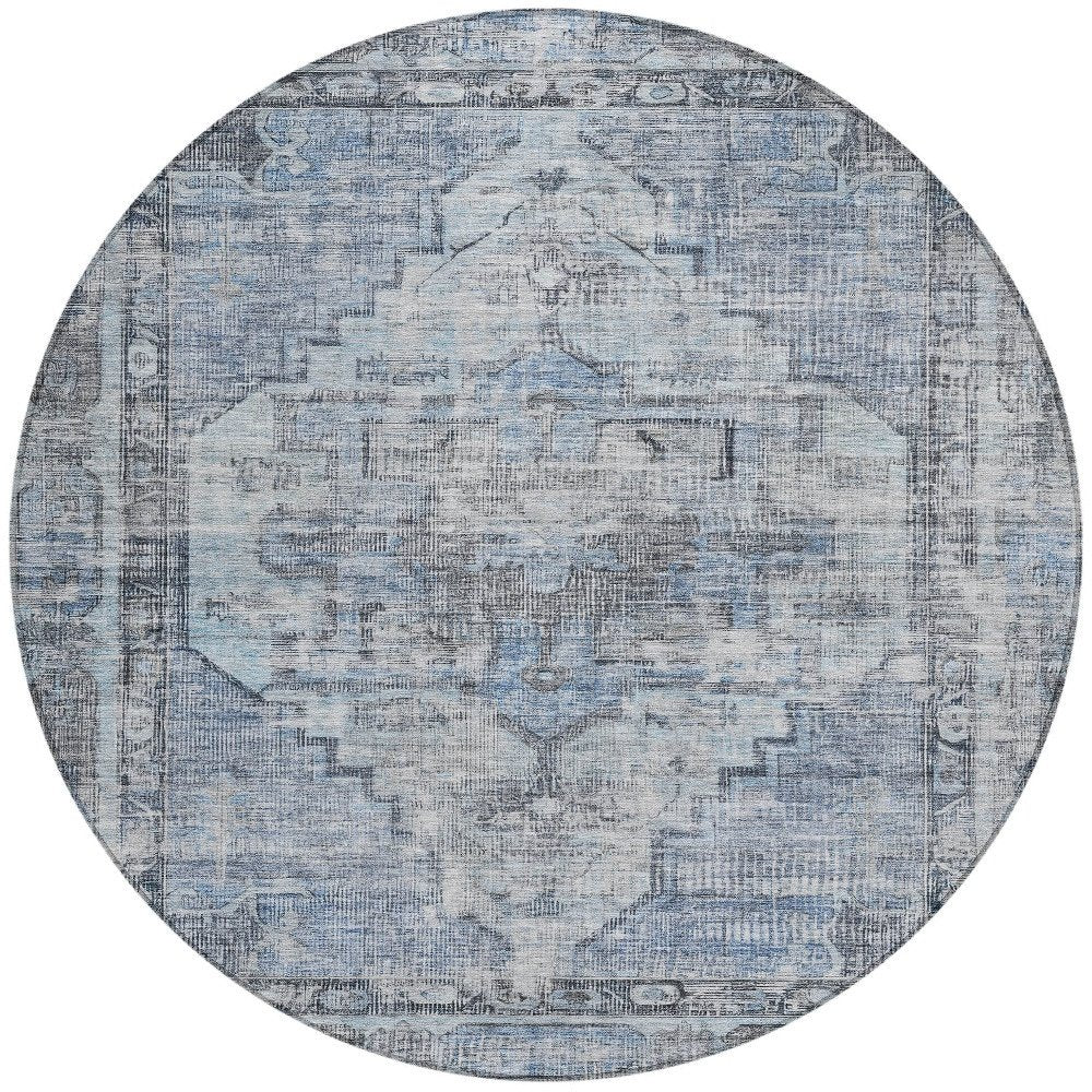 8' Blue Gray And Ivory Round Oriental Washable Indoor Outdoor Area Rug HomeRoots