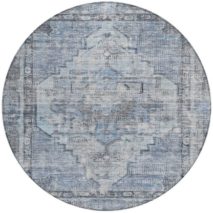 8' Blue Gray And Ivory Round Oriental Washable Indoor Outdoor Area Rug HomeRoots