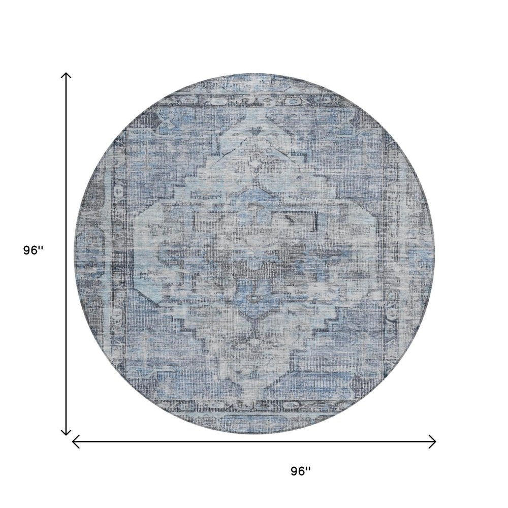 8' Blue Gray And Ivory Round Oriental Washable Indoor Outdoor Area Rug HomeRoots