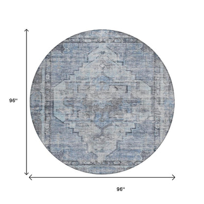 8' Blue Gray And Ivory Round Oriental Washable Indoor Outdoor Area Rug HomeRoots