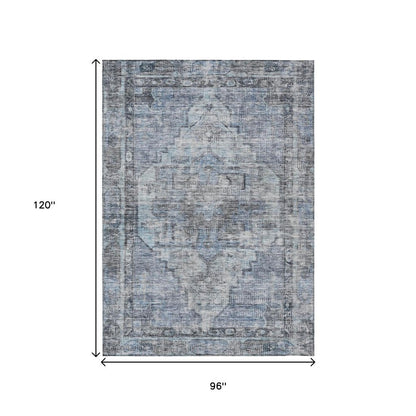 8' X 10' Blue Gray And Ivory Oriental Washable Indoor Outdoor Area Rug HomeRoots