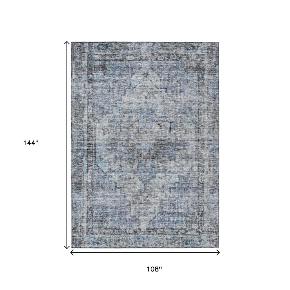 9' X 12' Blue Gray And Ivory Oriental Washable Indoor Outdoor Area Rug — view 5