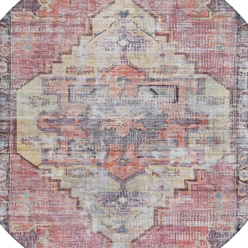 8' Rust Gray And Mauve Round Oriental Washable Indoor Outdoor Area Rug — view 9