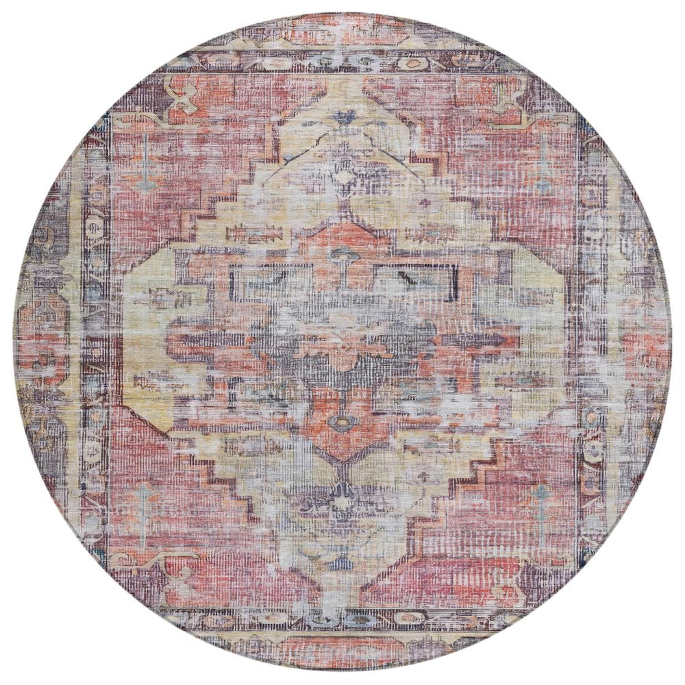 8' Rust Gray And Mauve Round Oriental Washable Indoor Outdoor Area Rug HomeRoots