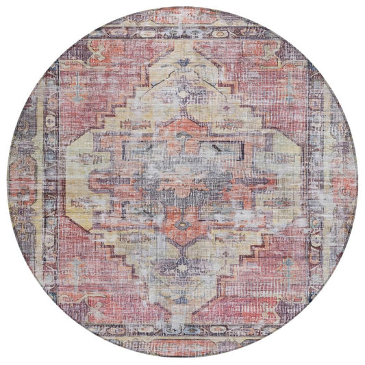 8' Rust Gray And Mauve Round Oriental Washable Indoor Outdoor Area Rug