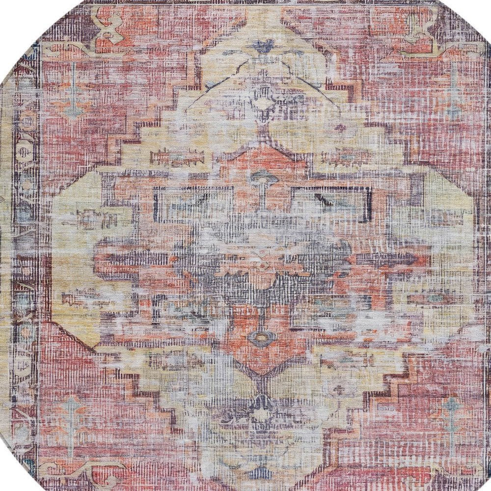 8' Rust Gray And Mauve Round Oriental Washable Indoor Outdoor Area Rug — view 4