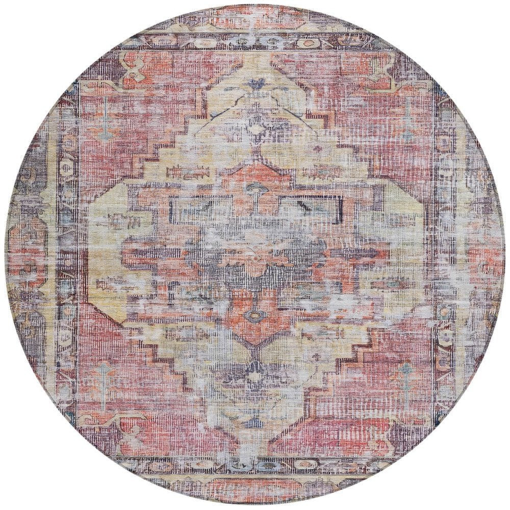 8' Rust Gray And Mauve Round Oriental Washable Indoor Outdoor Area Rug HomeRoots
