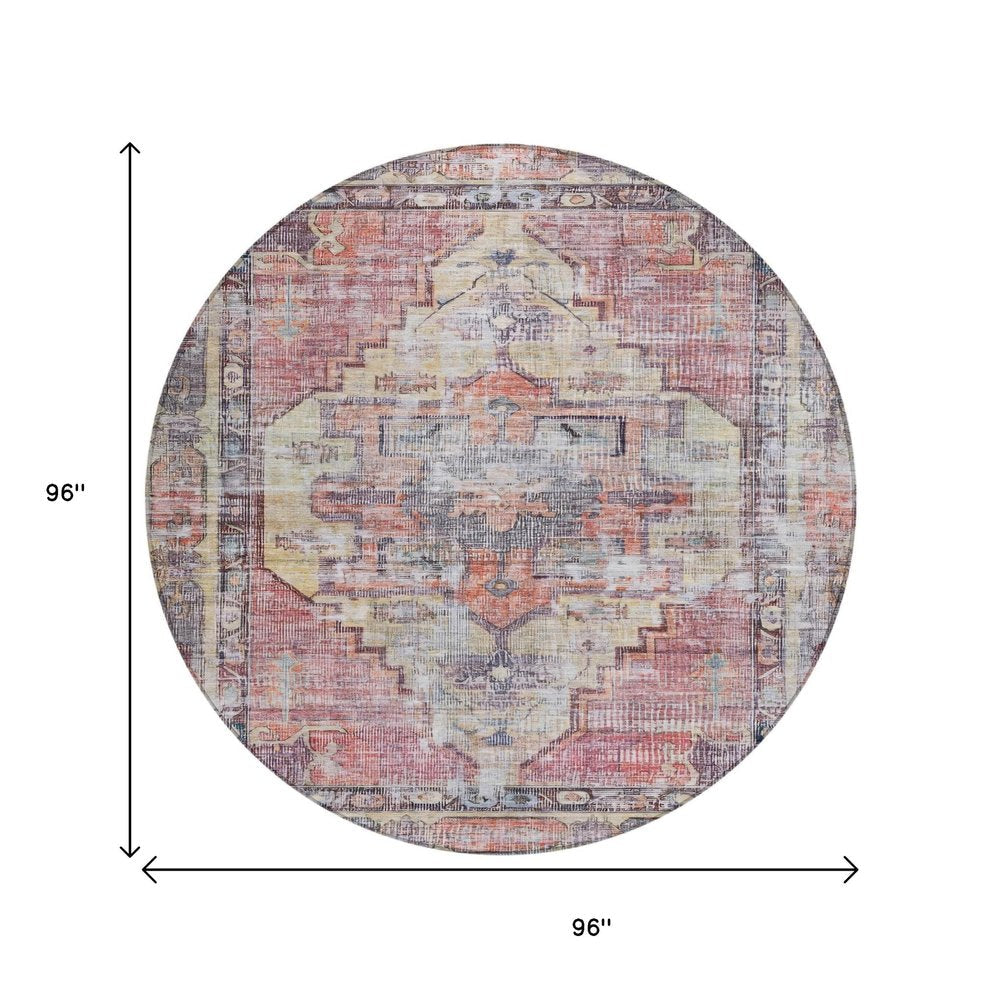 8' Rust Gray And Mauve Round Oriental Washable Indoor Outdoor Area Rug HomeRoots