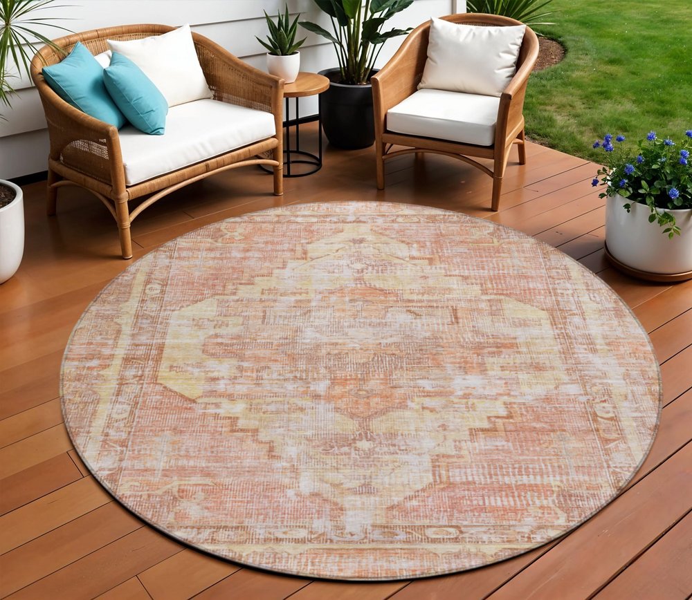 8' Terra Cotta Ivory And Wheat Round Oriental Washable Indoor Outdoor Area Rug HomeRoots