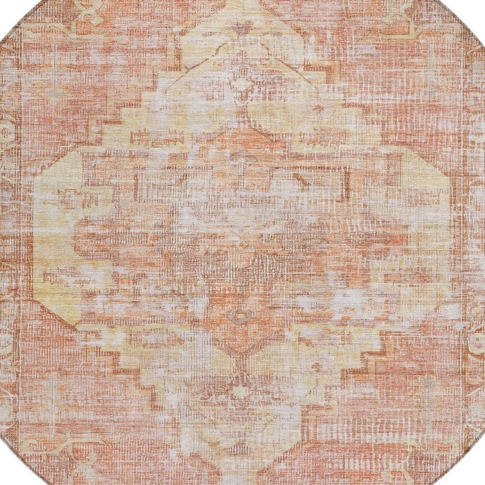 8' Terra Cotta Ivory And Wheat Round Oriental Washable Indoor Outdoor Area Rug — view 9