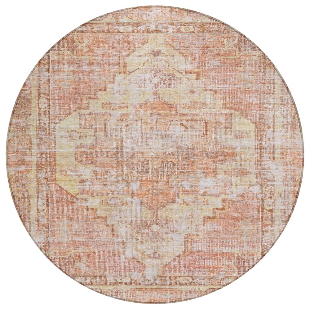 8' Terra Cotta Ivory And Wheat Round Oriental Washable Indoor Outdoor Area Rug