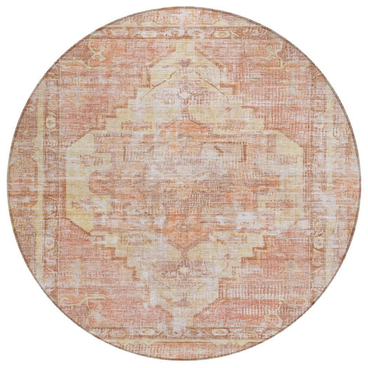 8' Terra Cotta Ivory And Wheat Round Oriental Washable Indoor Outdoor Area Rug