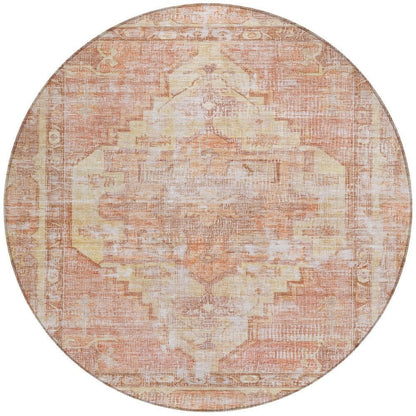 8' Terra Cotta Ivory And Wheat Round Oriental Washable Indoor Outdoor Area Rug