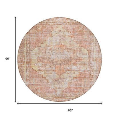 8' Terra Cotta Ivory And Wheat Round Oriental Washable Indoor Outdoor Area Rug