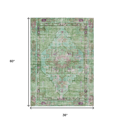 3' X 5' Artichoke Green Teal Blue And Lavender Oriental Washable Indoor Outdoor Area Rug HomeRoots