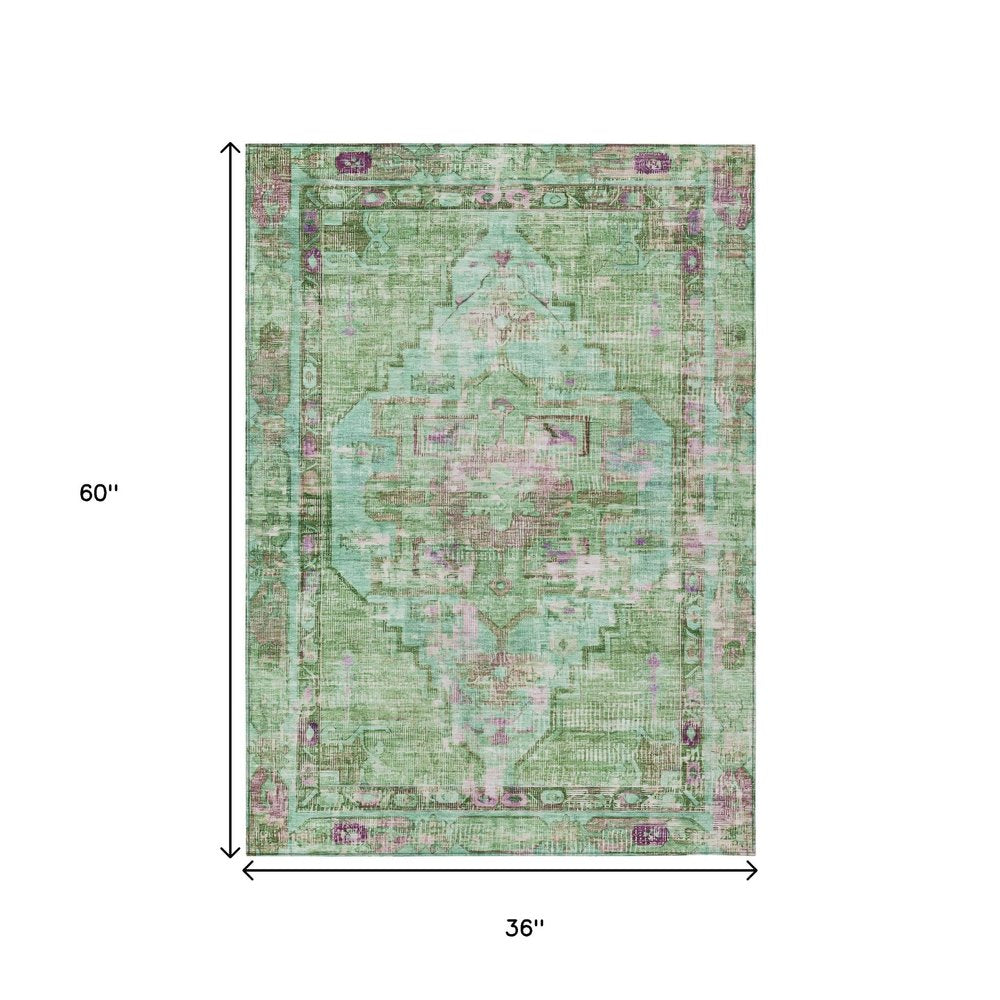 3' X 5' Artichoke Green Teal Blue And Lavender Oriental Washable Indoor Outdoor Area Rug — view 6