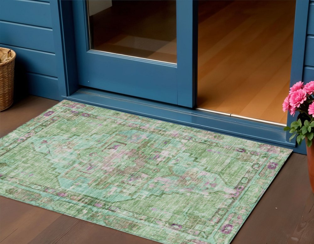 3' X 5' Artichoke Green Teal Blue And Lavender Oriental Washable Indoor Outdoor Area Rug — view 7