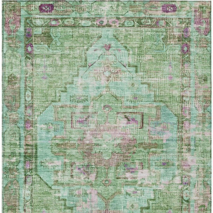 3' X 5' Artichoke Green Teal Blue And Lavender Oriental Washable Indoor Outdoor Area Rug