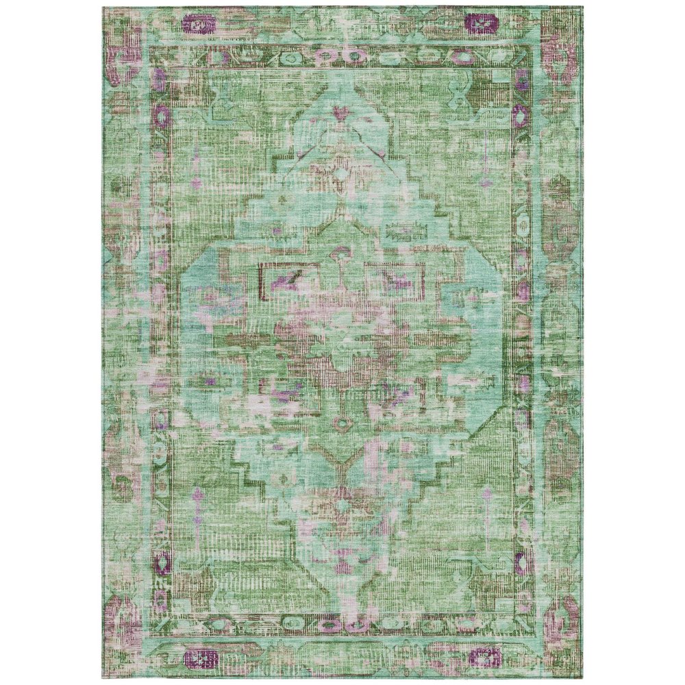 3' X 5' Artichoke Green Teal Blue And Lavender Oriental Washable Indoor Outdoor Area Rug