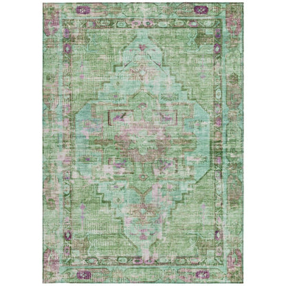 3' X 5' Artichoke Green Teal Blue And Lavender Oriental Washable Indoor Outdoor Area Rug