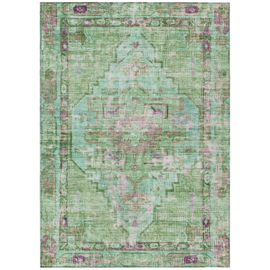 3' X 5' Artichoke Green Teal Blue And Lavender Oriental Washable Indoor Outdoor Area Rug