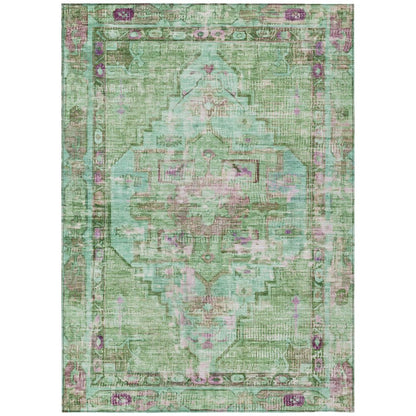 3' X 5' Artichoke Green Teal Blue And Lavender Oriental Washable Indoor Outdoor Area Rug