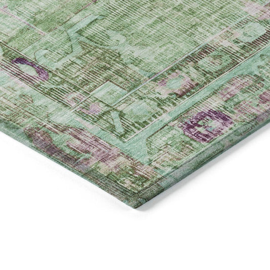 3' X 5' Artichoke Green Teal Blue And Lavender Oriental Washable Indoor Outdoor Area Rug