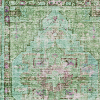 3' X 5' Artichoke Green Teal Blue And Lavender Oriental Washable Indoor Outdoor Area Rug
