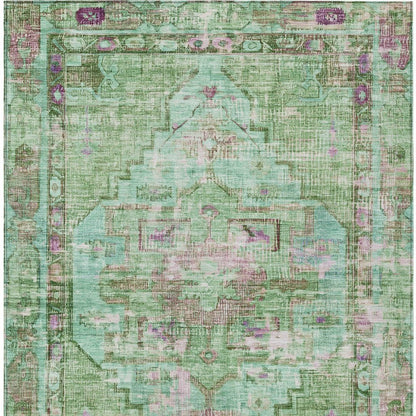 9' X 12' Artichoke Green Teal Blue And Lavender Oriental Washable Indoor Outdoor Area Rug