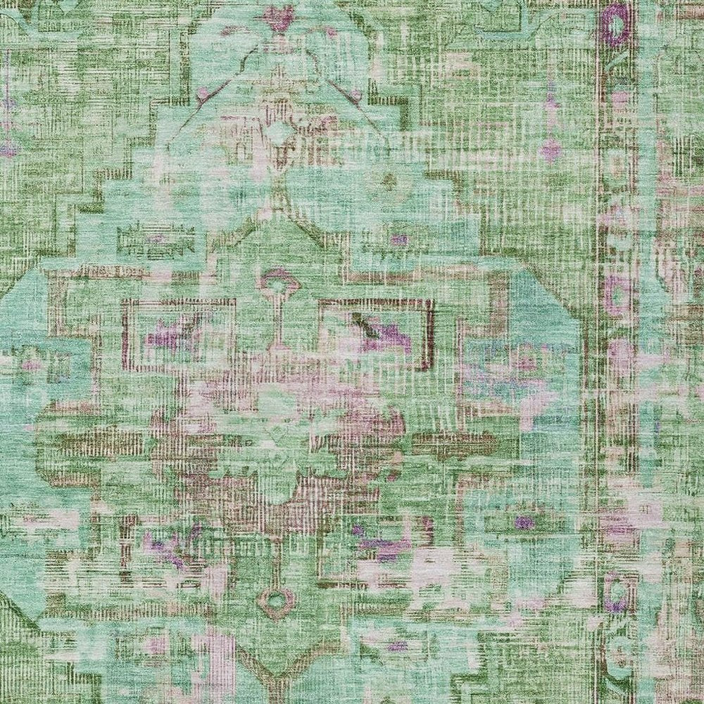 9' X 12' Artichoke Green Teal Blue And Lavender Oriental Washable Indoor Outdoor Area Rug