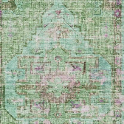 9' X 12' Artichoke Green Teal Blue And Lavender Oriental Washable Indoor Outdoor Area Rug