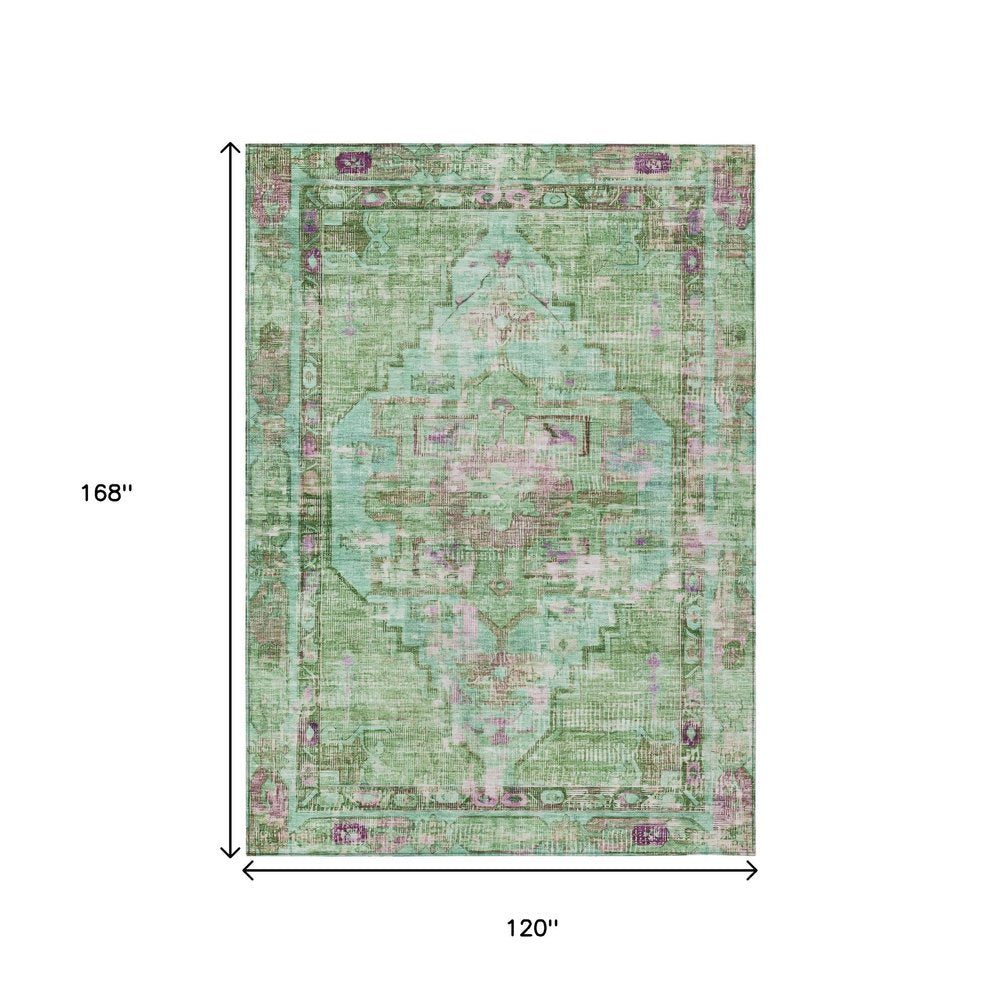 10' X 14' Artichoke Green Teal Blue And Lavender Oriental Washable Indoor Outdoor Area Rug