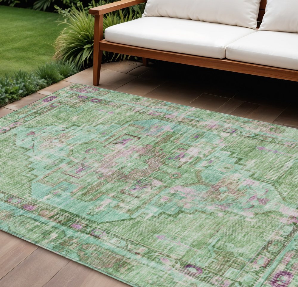 10' X 14' Artichoke Green Teal Blue And Lavender Oriental Washable Indoor Outdoor Area Rug