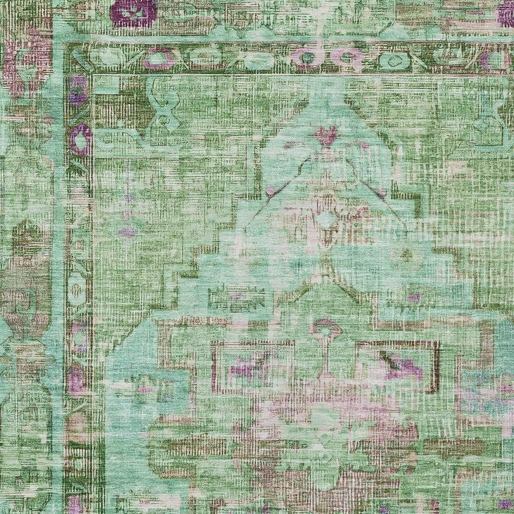10' X 14' Artichoke Green Teal Blue And Lavender Oriental Washable Indoor Outdoor Area Rug