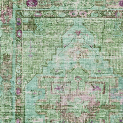 10' X 14' Artichoke Green Teal Blue And Lavender Oriental Washable Indoor Outdoor Area Rug