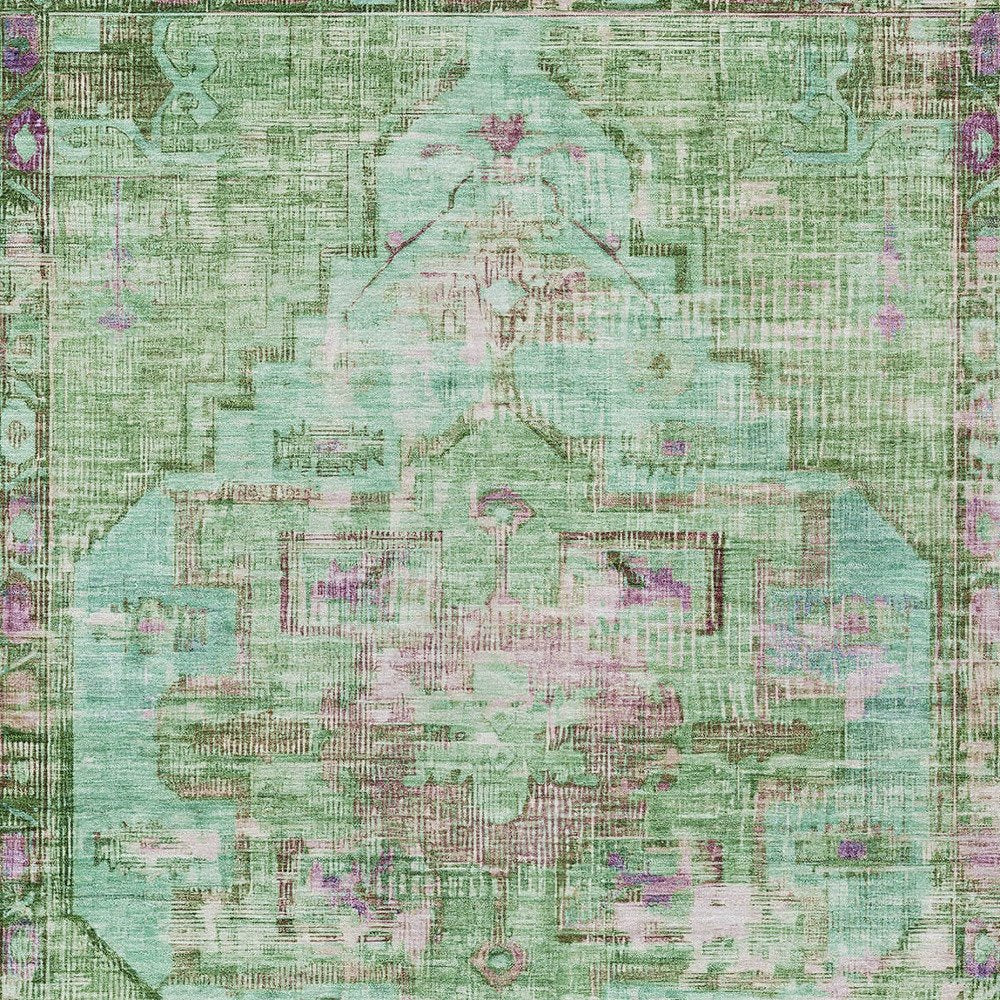 10' X 14' Artichoke Green Teal Blue And Lavender Oriental Washable Indoor Outdoor Area Rug
