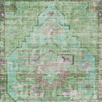 10' X 14' Artichoke Green Teal Blue And Lavender Oriental Washable Indoor Outdoor Area Rug