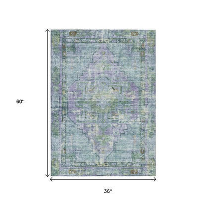 3' X 5' Teal Blue Lavender And Ivory Oriental Washable Indoor Outdoor Area Rug
