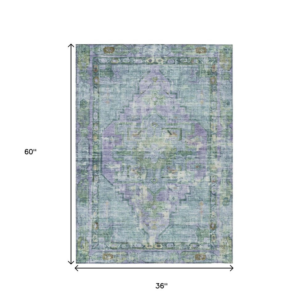 3' X 5' Teal Blue Lavender And Ivory Oriental Washable Indoor Outdoor Area Rug HomeRoots